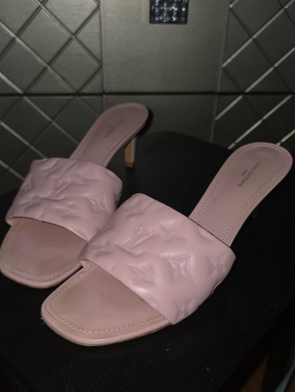 Louis Vuitton Blush Pink Monogram Embossed Slide Heels